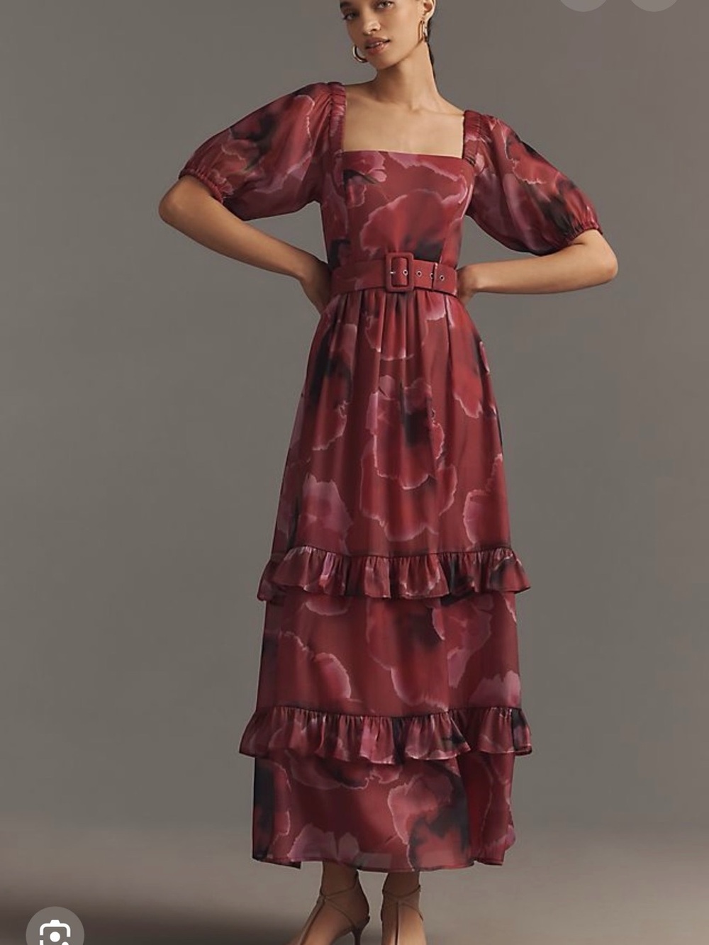 Hatch Burgundy Floral Belted tiered ruffle Maxi Dress from Anthropologie